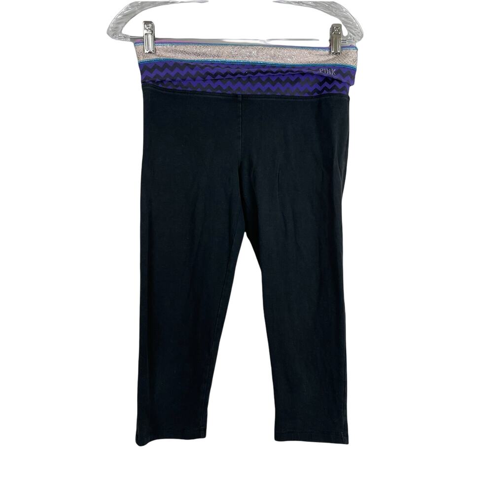 Victoria’s Secret Pink Yoga Capri Pant Size S Black Purple Foldover Metallic